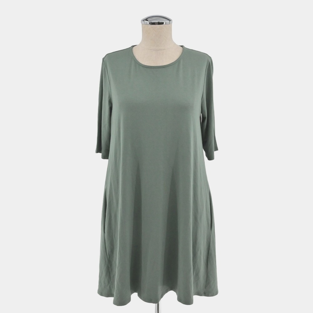 EILEEN FISHER Jersey Sage Green Dress Size S‎ Lagenlook Shift Half Sleeve USA
